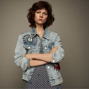 MAJE Baltimore Embroidered Denim Jacket, Size 36 (S) - Excellent Condition